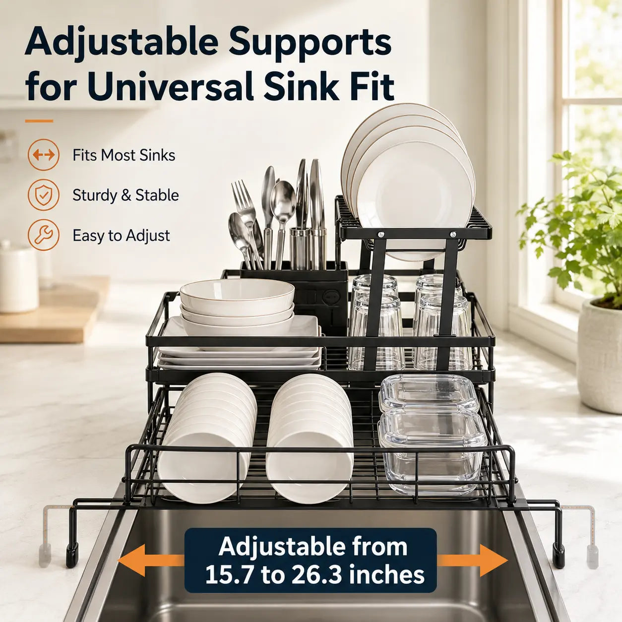 Foldable Over Sink Dish Drying Rack with Pull Out 2 Tier Storage Design
