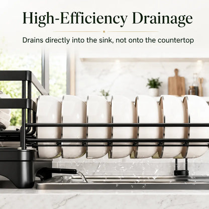 Foldable Over Sink Dish Drying Rack with Pull Out 2 Tier Storage Design